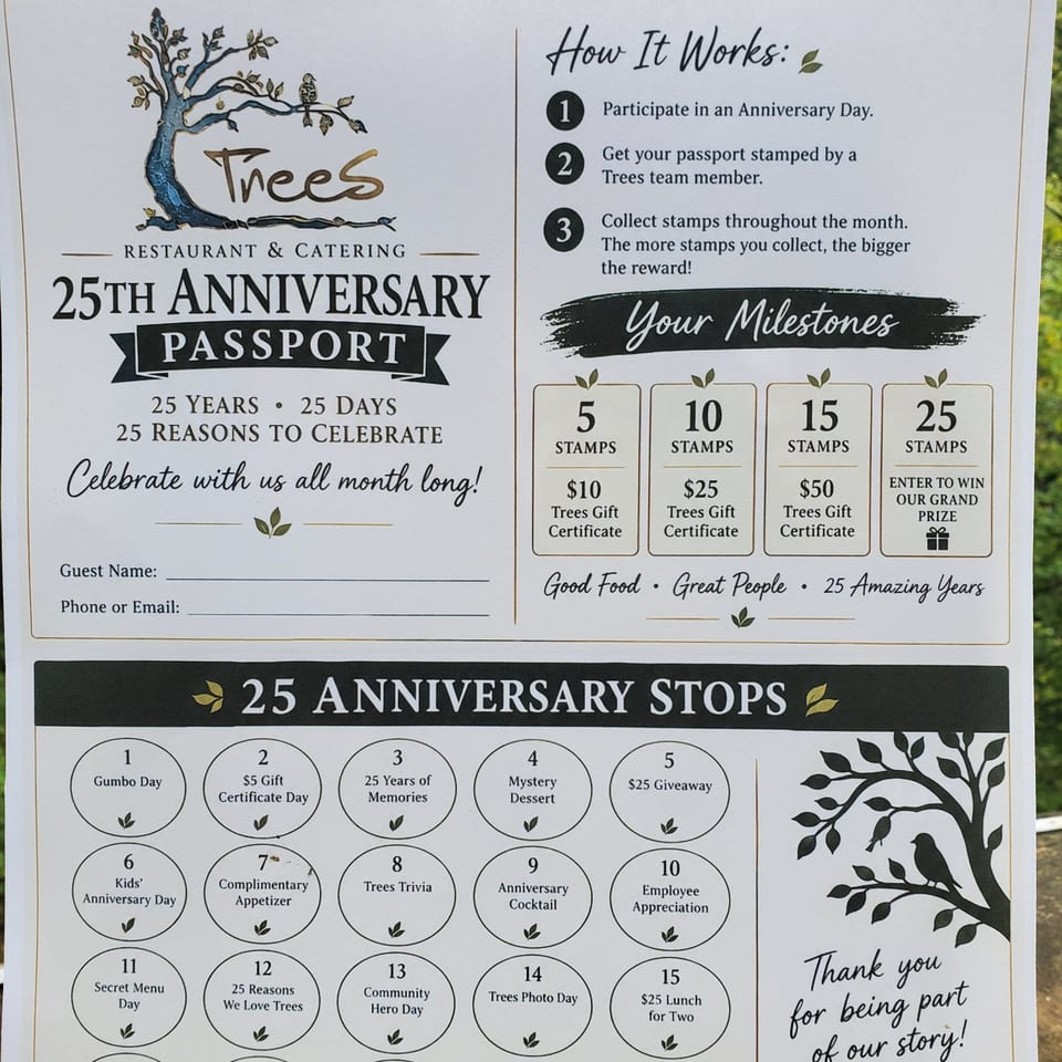Trees Restaurant & Catering 25th anniversary passport outlining stamp rewards and 25 celebration stops.