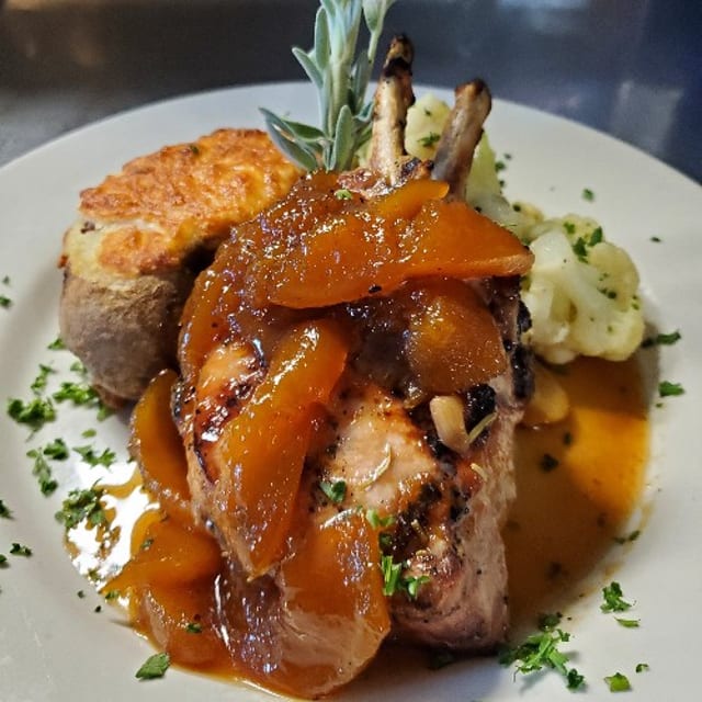 14oz Carlton Farms Double Cut Pork Chop, Frenched with Peach Chutney.