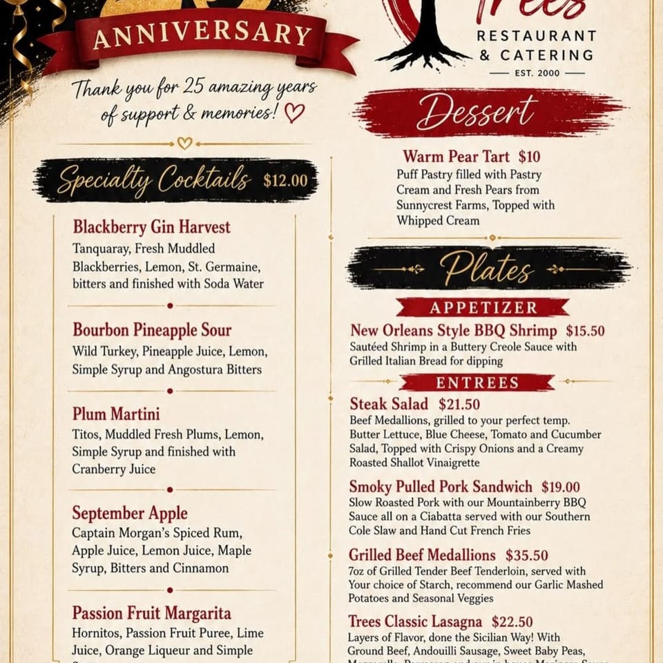 Anniversary restaurant menu featuring specialty cocktails, warm pear tart, BBQ shrimp, steak salad, sandwiches, beef medallions, and lasagna.